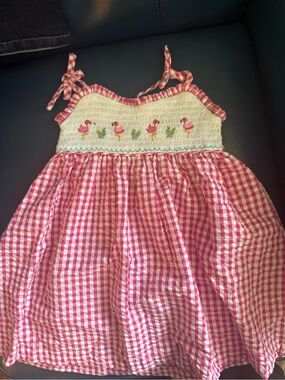 Vintage Pink Gingham Smocked Sundress with Flamingo Embroidery 3T